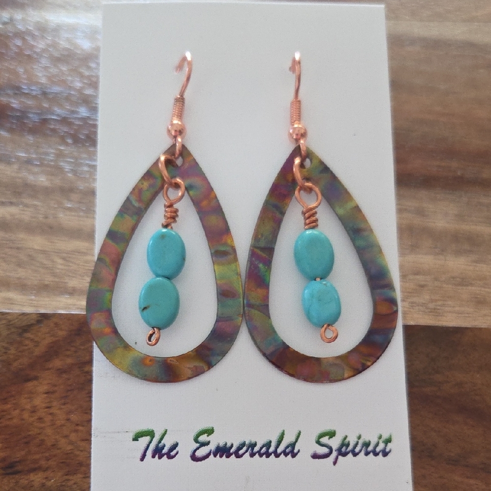 Flame Painted Multi Color Copper Teardrop Earrings with Turquoise Bead Accents